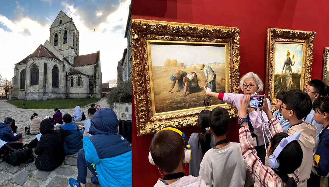 學生前往法國進行藝術教育交流活動。在自然光線與藝術氛圍中進行戶外創作，展現出濃厚的學習興趣與藝術感受力。在法國奧賽美術館參觀名畫 拾穗 時，全神貫注聆聽並拍攝紀錄，現場學習氣氛濃厚。